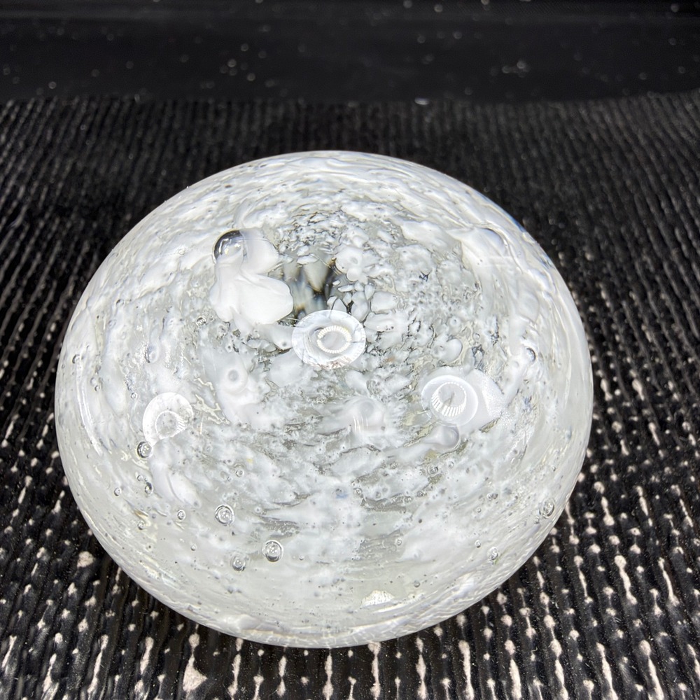 Hand Blown Glass Paperweight White Swirl Controlled Bubbles 2 Inch Orb Vintage